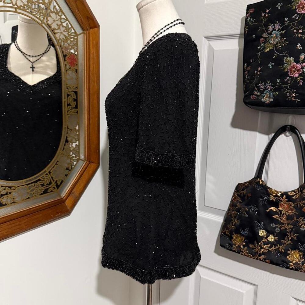 VTG 80s/90s Stenay Black 100% Silk Beaded V Neck Goth Glam Top w Shoulder Pads - Picture 4 of 8
